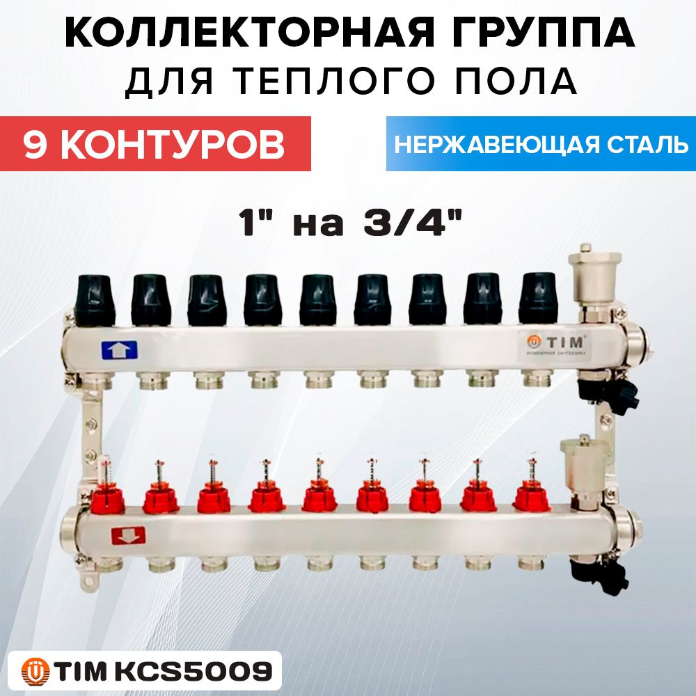 Коллекторная группа TIM (KCS5009) 1" ВР-ВР, 9 КОНТУРОВ 3/4", нержавеющая сталь, расходомер, воздухоотводчик, #1