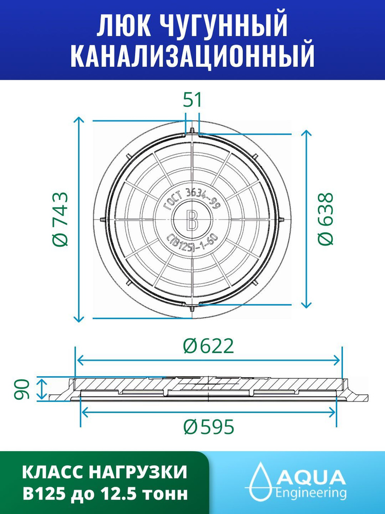 Люк канализационный чугунный тип С (В125) ГОСТ 3634-99 буква В  #1