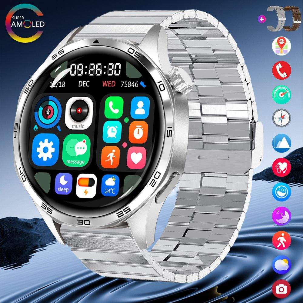 SACOSDING Умные часы Cмарт часы amoled, 47mm, Серебристая сталь A+3 ремня  #1