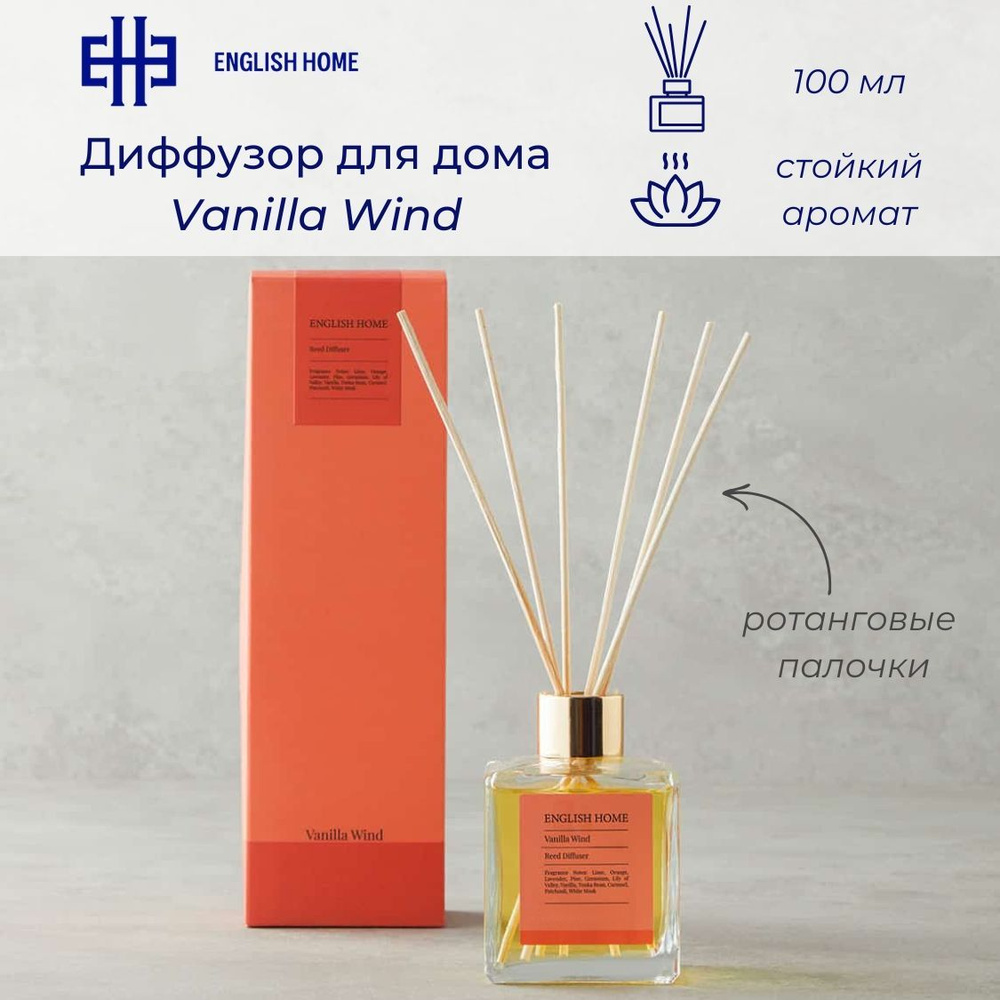 Диффузор для дома Vanilla Wind, 100 мл. Ароматизатор с ротанговыми палочками (ваниль, цитрус, цветы, #1