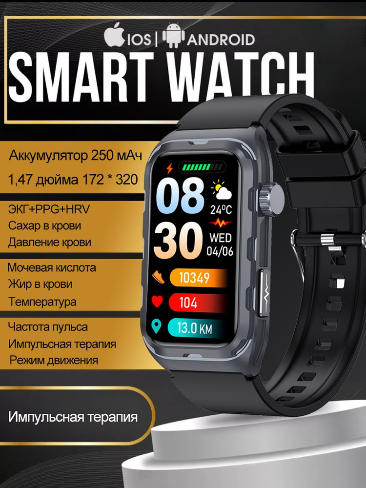 SACOSDING Умные часы Cмарт часы с экг +HRV+PPG, 29mm, Черный силикон  #1