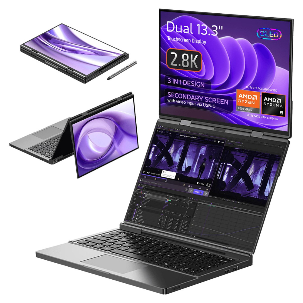 Ноутбук GPD, 13.3, DUO 2024 (AMD Ryzen AI 9 HX 370 2.0GHz/ 13.3