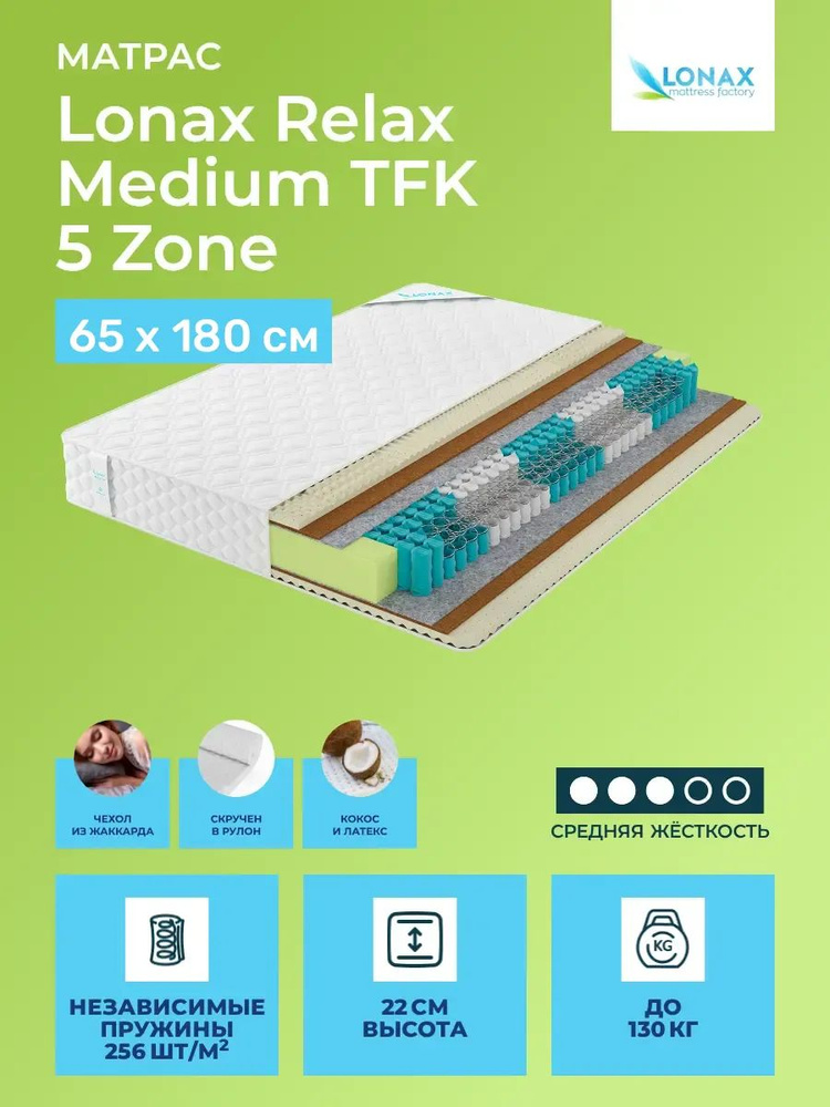 Матрас 65х180 Lonax Relax Medium TFK 5 Zone, независимые пружины, двусторонний с одинаковой жесткостью, #1