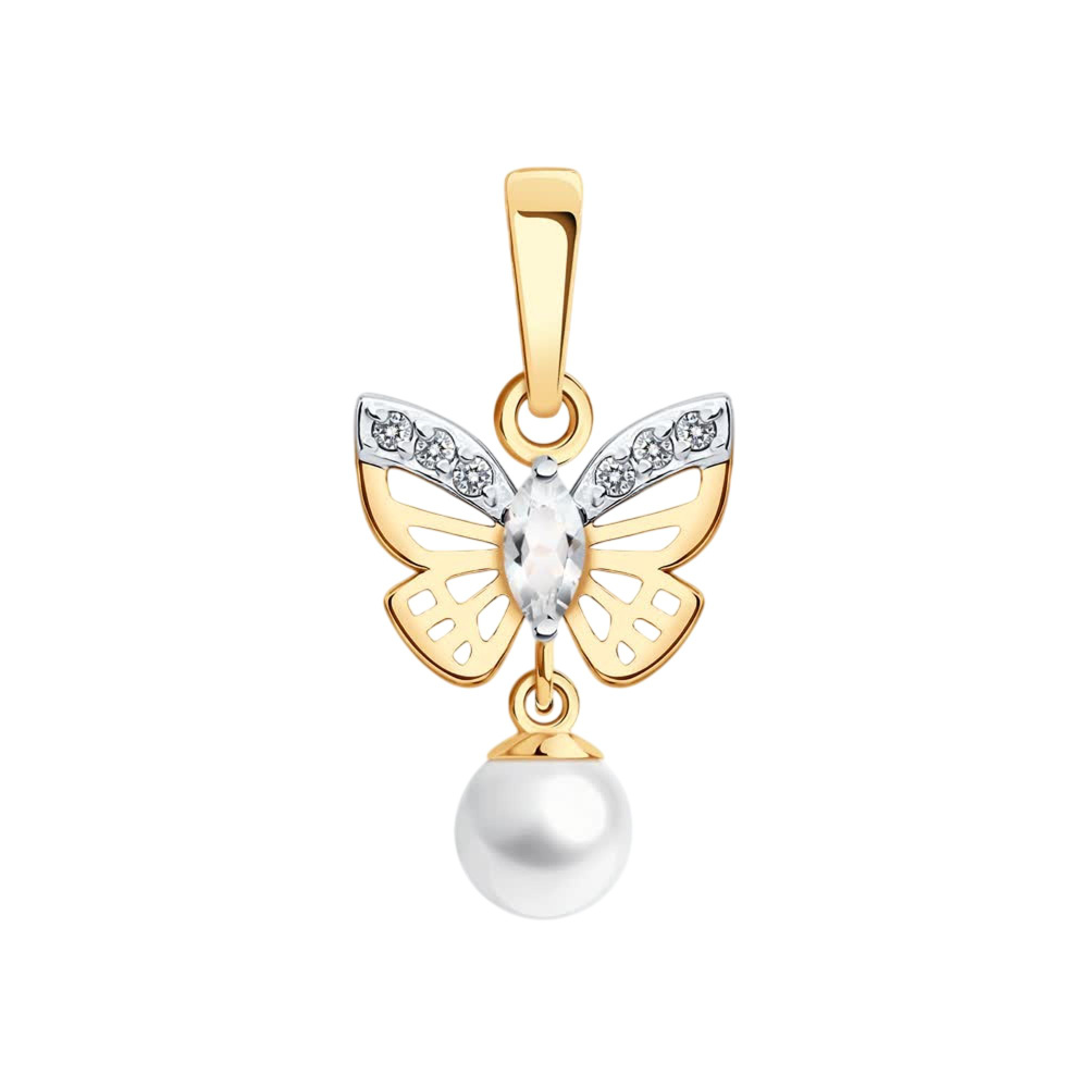 Золотая подвеска DIAMANT-ONLINE с фианитом, жемчугом и горным хрусталём 585 пробы #1