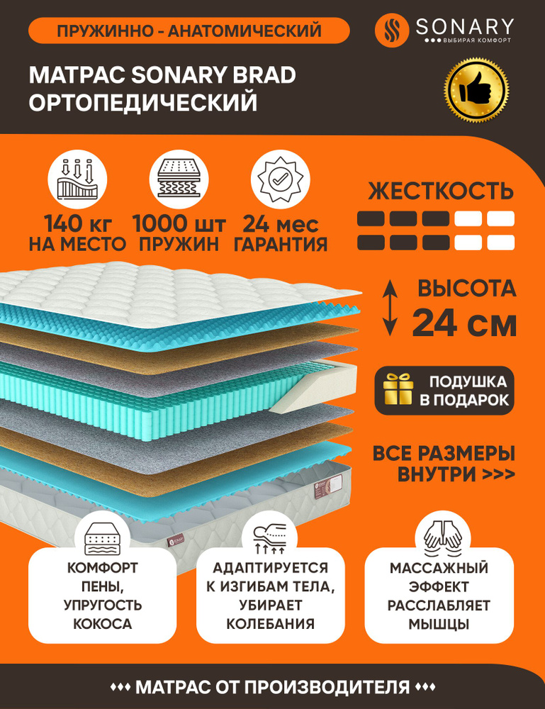 Матрас Sonary Brad 120х180 серии Relax высота 24.06 см нагрузка 140.03 кг на кровать, анатомический, #1