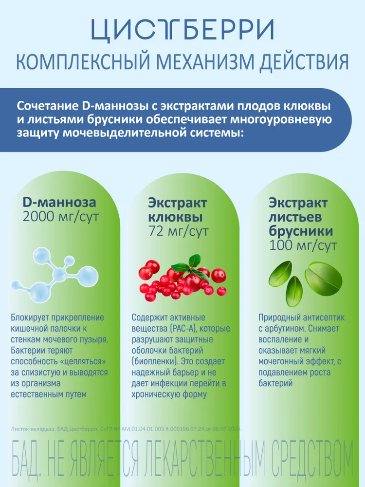Цистберри БАД для здоровья мочевого пузыря комплекс D-маннозы 2000 и арбутина со вкусом клюквы, вариант, фото 2