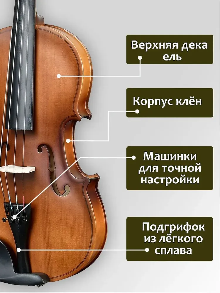 Скрипка полноразмерная матовая в кейсе со смычком, ель, вариант, фото 2