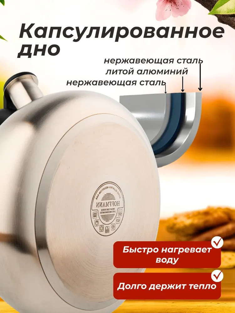 Чайник со свистком 2,3л Hoffmann HM 55119 из нержавеющей стали для всех видов плит, 2,3 л, фото 5