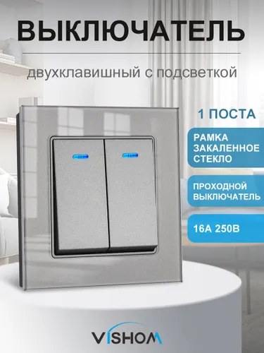 Двухклавишный выключатель с прочной стеклянной рамкой серый ZM