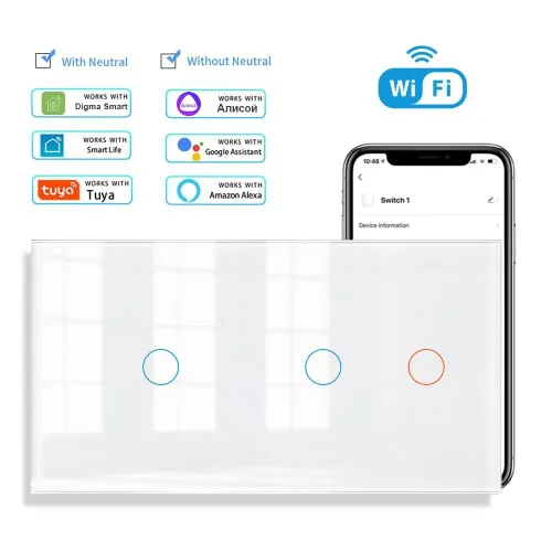 Умный сенсорный выключатель с WIFI трехклавишный,2пост(1клавиша+2клавиша) стекло 153х82 мм ,белый