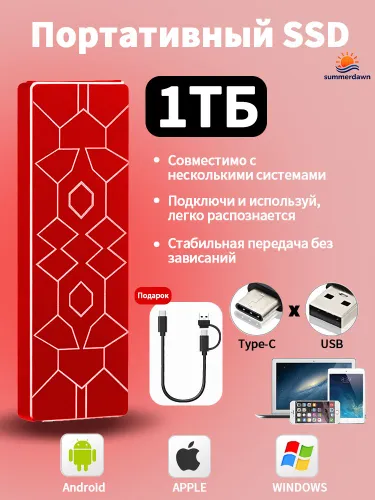 summerdawn 1 ТБ Внешний SSD-диск 15DSSD-1TB (15DGTYP-SSD), USB 3.1, чтение - 30 Мб/с, запись - 30 Мб