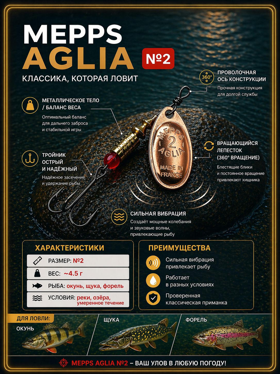 Блесна вращающаяся для рыбалки Mepps AGLIA №2 на щуку, окуня, форель