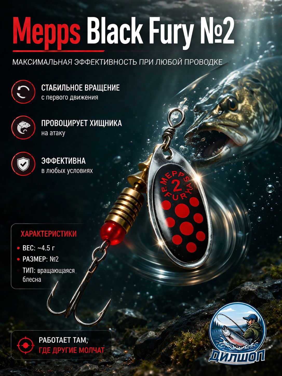 Блесна вращающаяся для рыбалки Mepps BLACK FURY №2 на щуку, окуня, форель