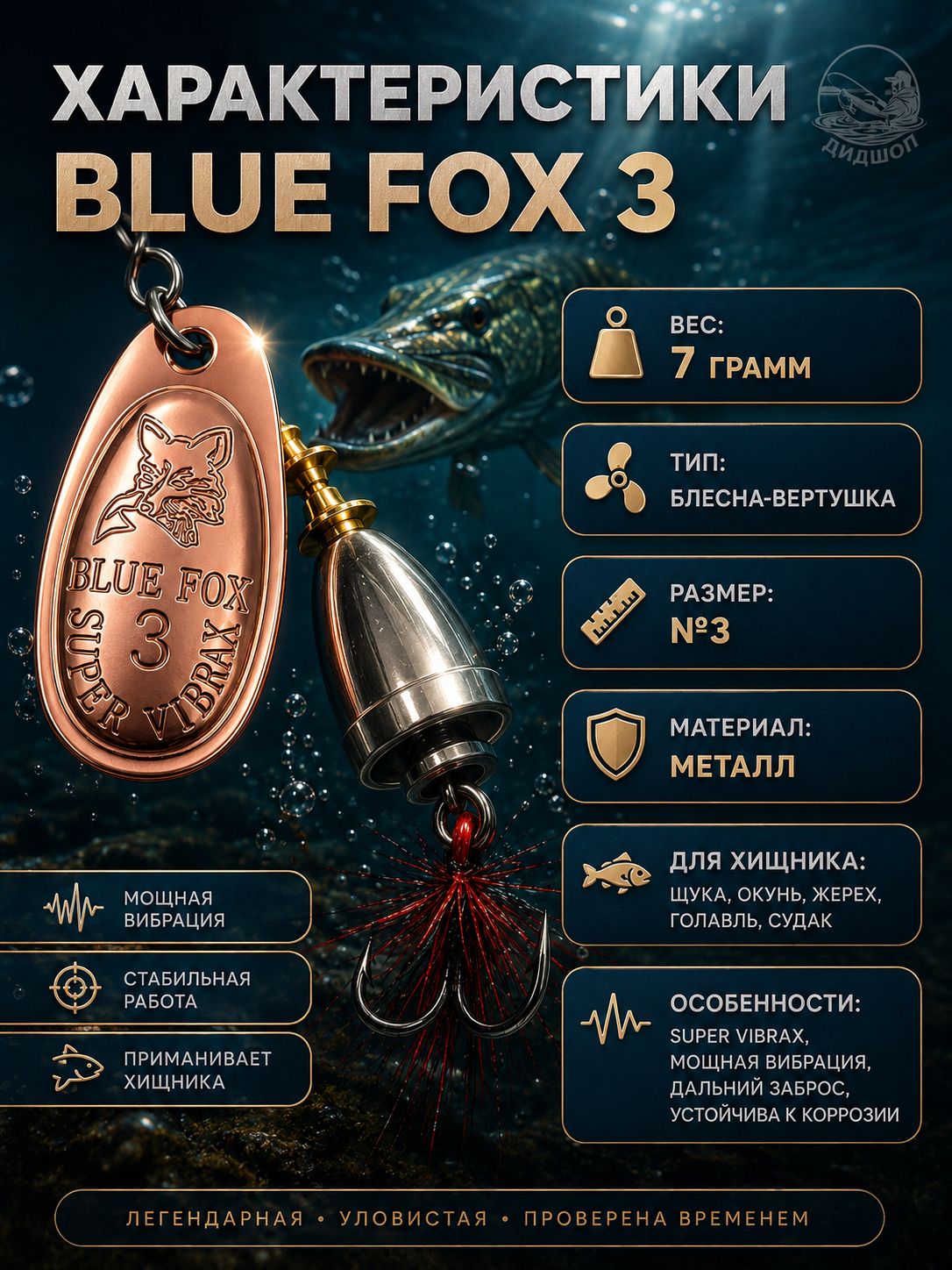 Блесна BLUE FOX № 3 с мушкой на щуку, жереха, судака