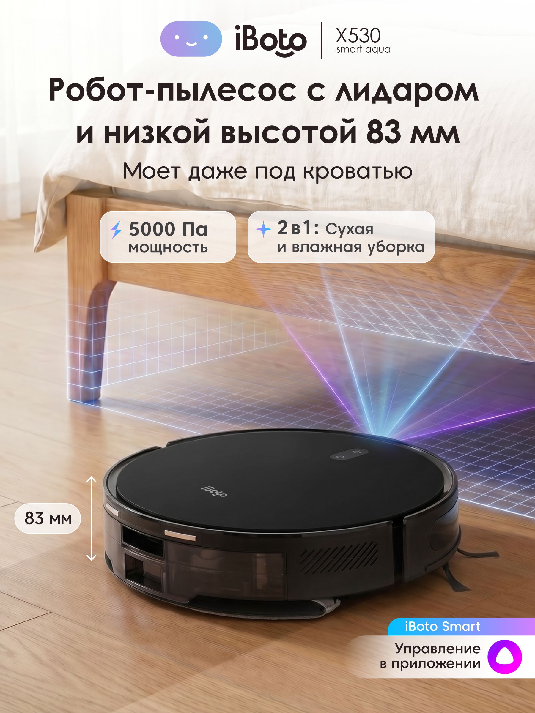 Робот пылесос iBoto X530 с Лидаром, моющий для влажной и сухой уборки, 5000 Па