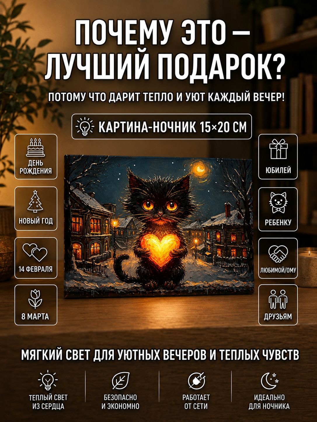 Котик с сердечком в снежном городе