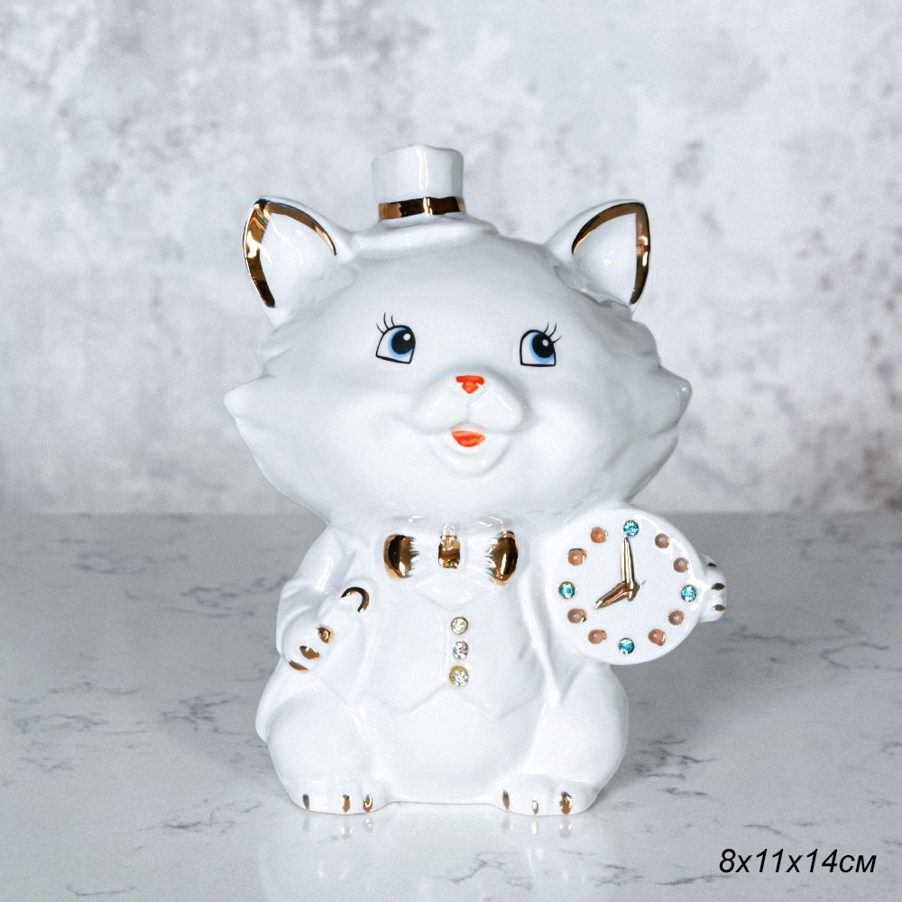 Статуэтка Копилка Кот с часами, фарфор, 15,1 х 9,2 х 14 см