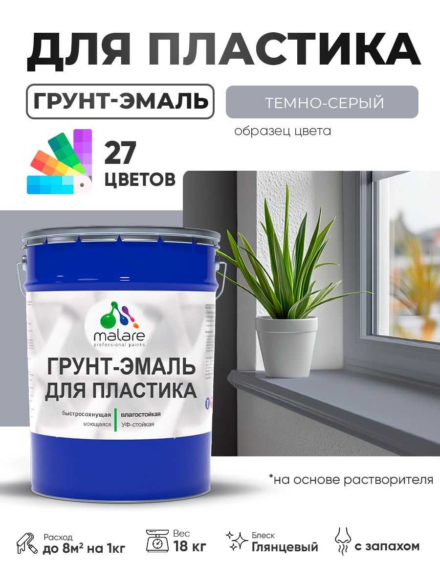 Грунт-Эмаль для пластика Malare краска для пластика/ для сайдинга, для окон и подоконников ПВХ/ для внутренних и наружных работ, быстросохнущая RAL 7040 темно-серый, глянцевая, 18 кг