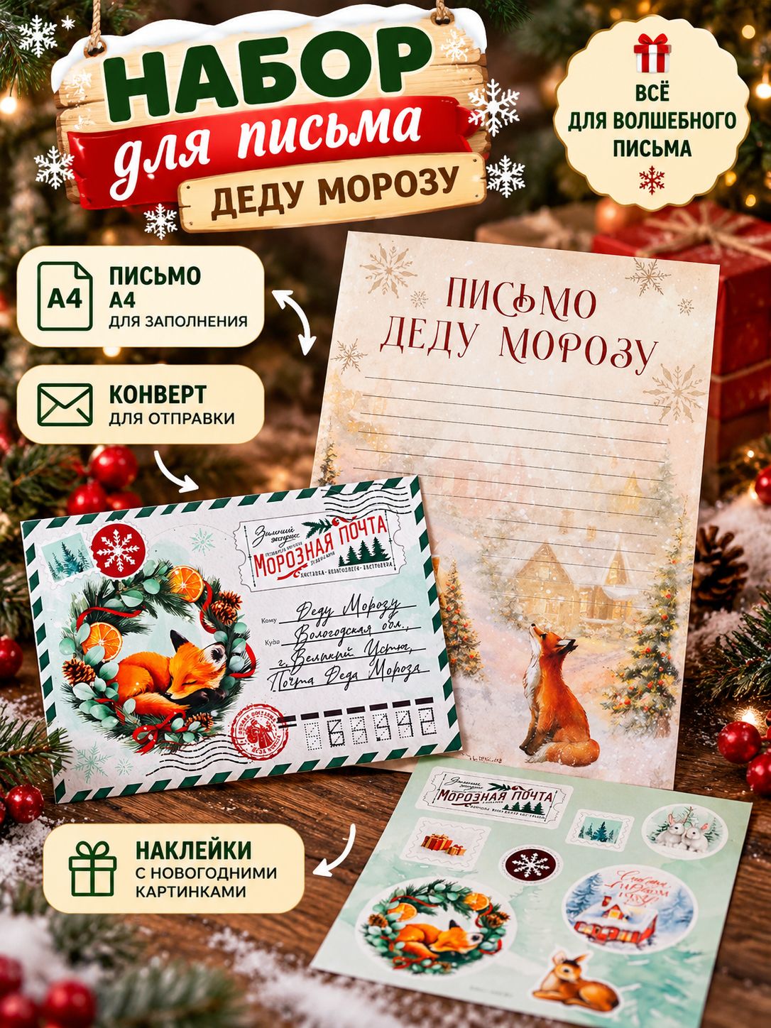 Письмо Деду Морозу, конверт А5, с наклейками Лисичка