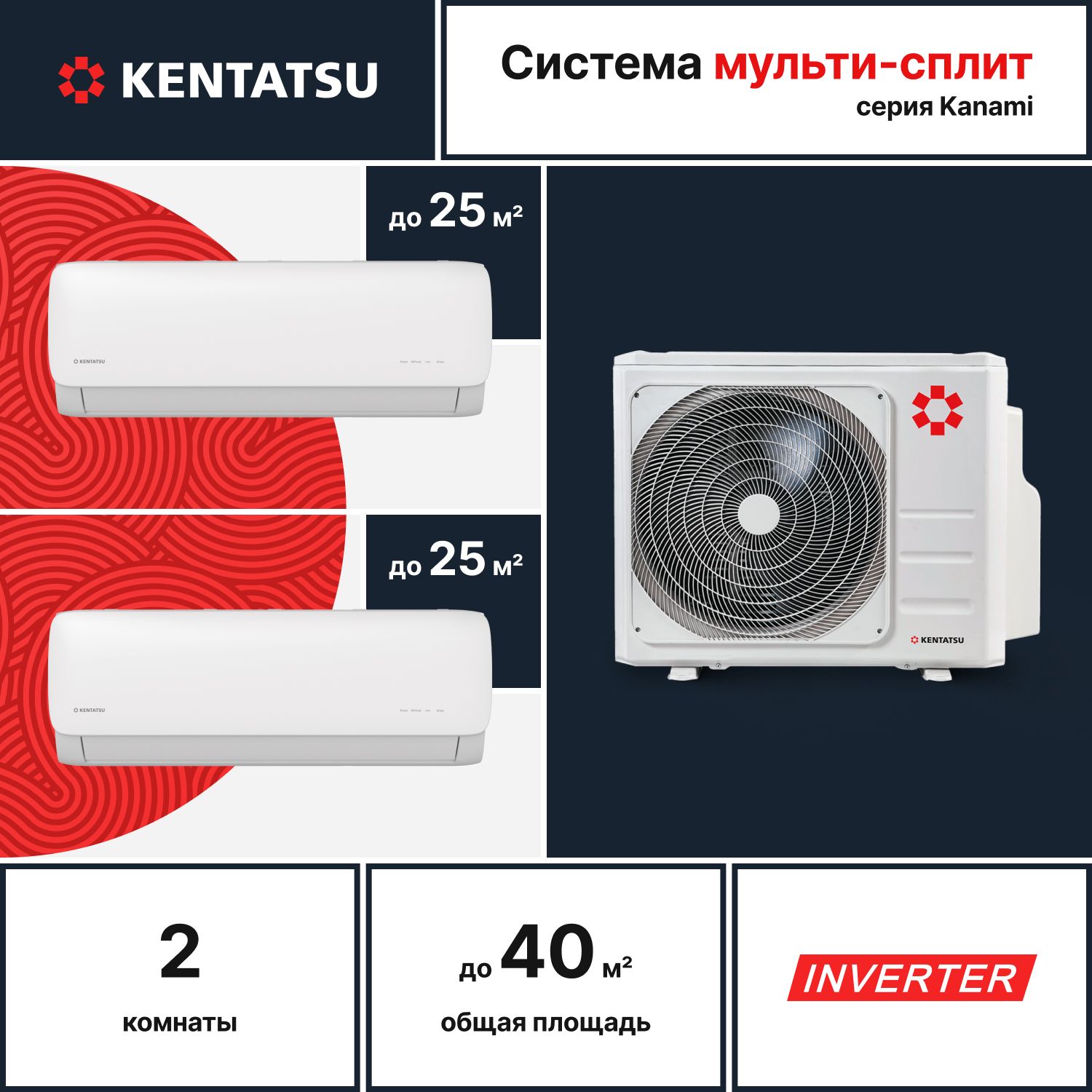 Надежная мульти сплит-система инвертор Kentatsu K2MRB50HZRN1/KMGA26HZRN1*2, для 2х комнат, 26+26кв.м.
