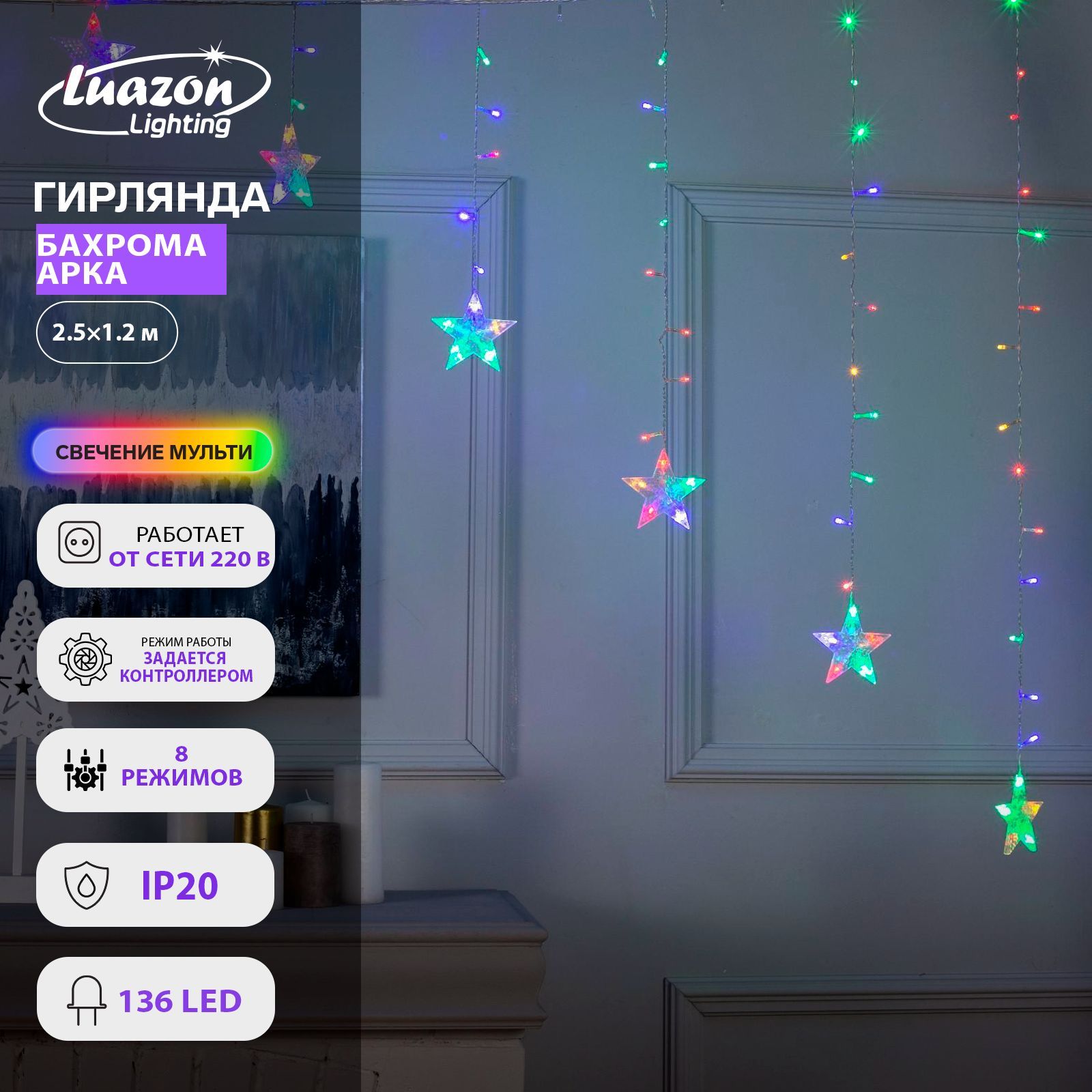 Гирлянда на елку для дома бахрома цвет свечения разноцветный от сети