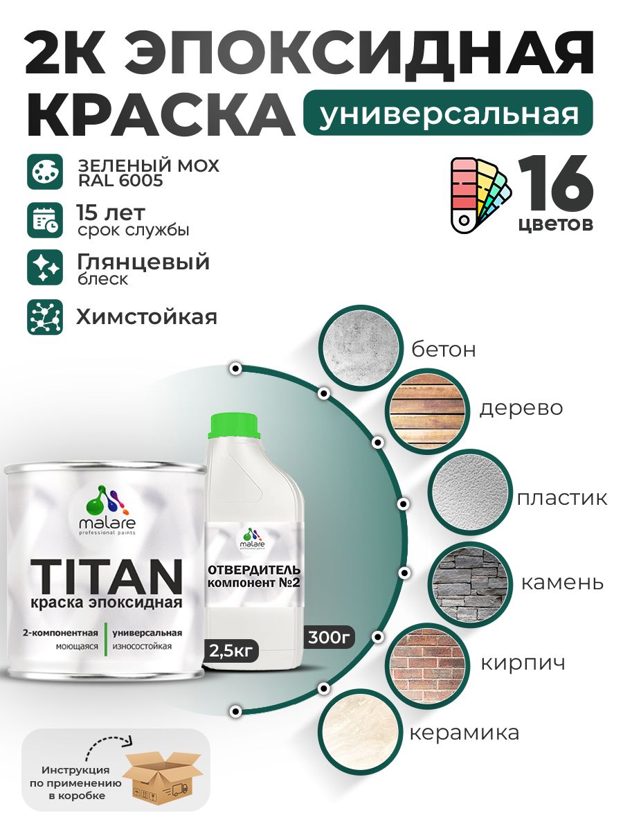 2К Эпоксидная краска Malare TITAN универсальная, двухкомпонентная влагостойкая высокопрочная износостойкая, RAL 6005 зелёный мох, глянцевая, (2,5 кг + 0,3кг отвердитель)