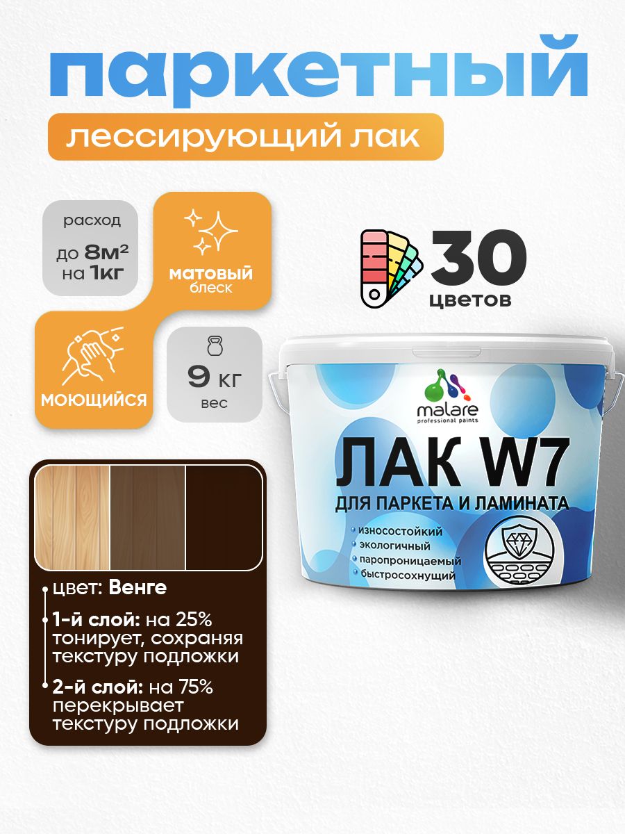 Лак колерованный тонирующий для паркета и ламината Malare W7 для дерева и минеральных поверхностей, износостойкий, водный без запаха, матовый, венге, 9 кг.