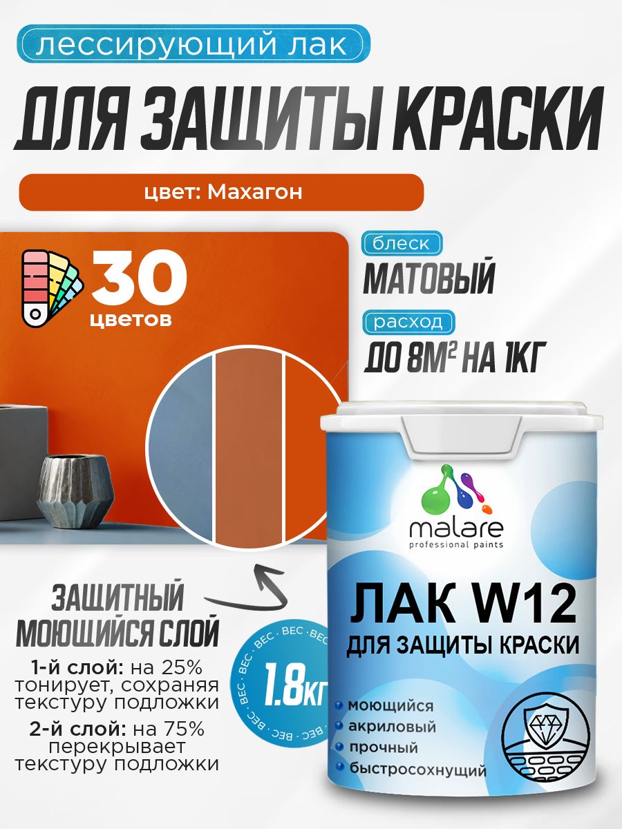 Лак колерованный тонирующий для защиты акриловых красок Malare W12 моющийся универсальный быстросохнущий экологичный, матовый, махагон, 1.8 кг.