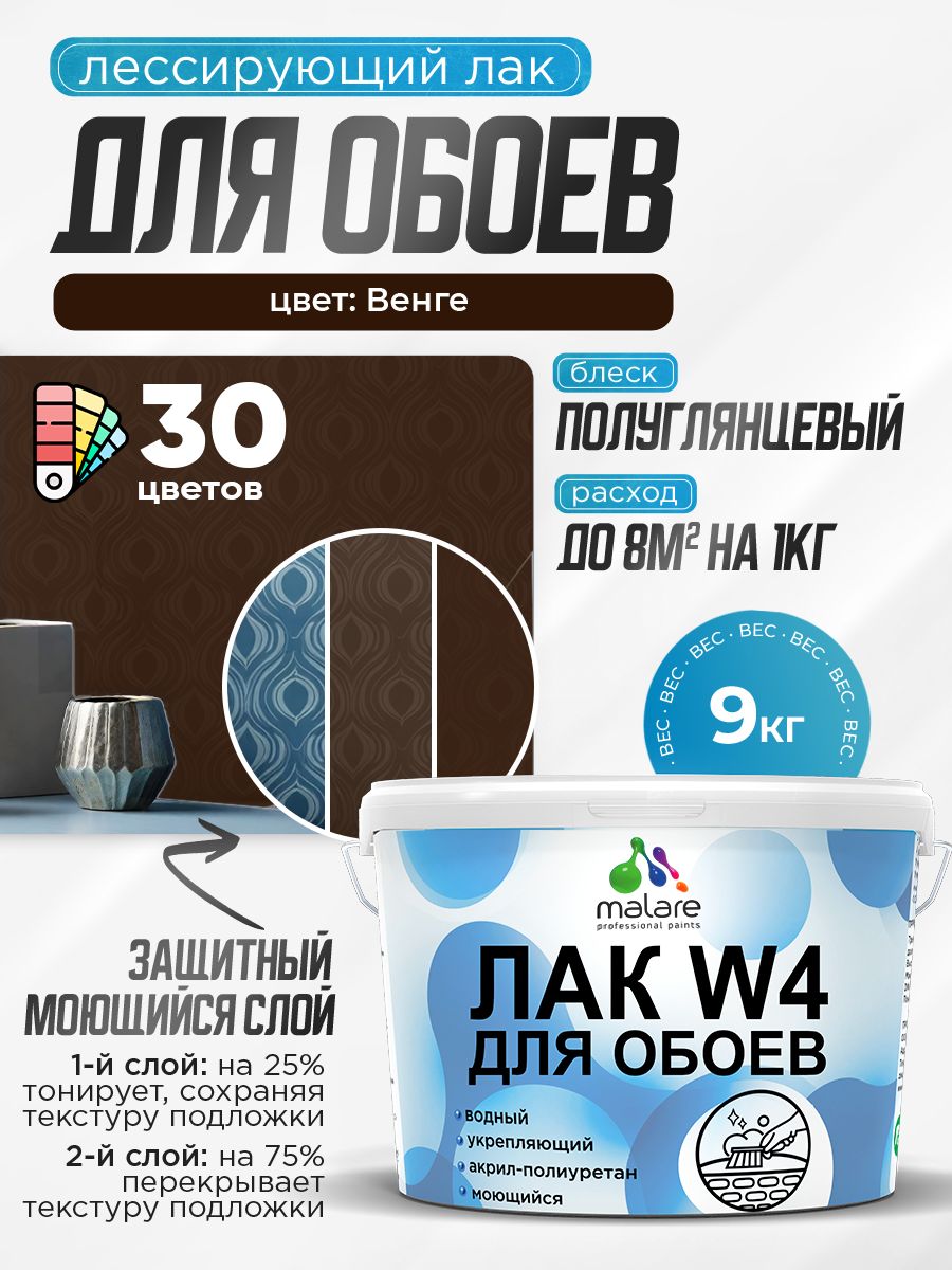 Лак колерованный тонирующий для защиты обоев Malare W4 универсальный для дерева и минеральных поверхностей, водный без запаха быстросохнущий, полуглянцевый, венге, 9 кг.
