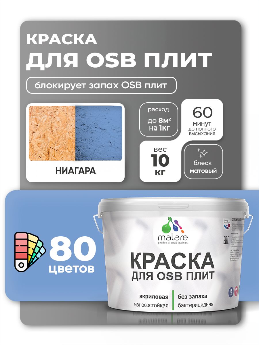 Акриловая краска для ОСБ плит Malare для дерева для наружных и внутренних работ, быстросохнущая без запаха матовая, ниагара, 10 кг