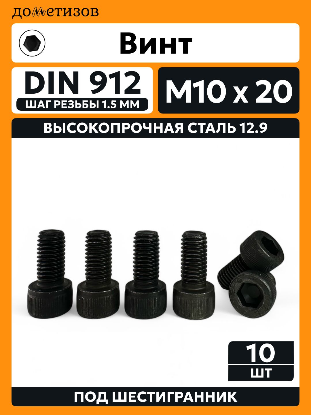 ДометизовВинтM10x10x20мм,головка:Цилиндрическая,10шт.211г