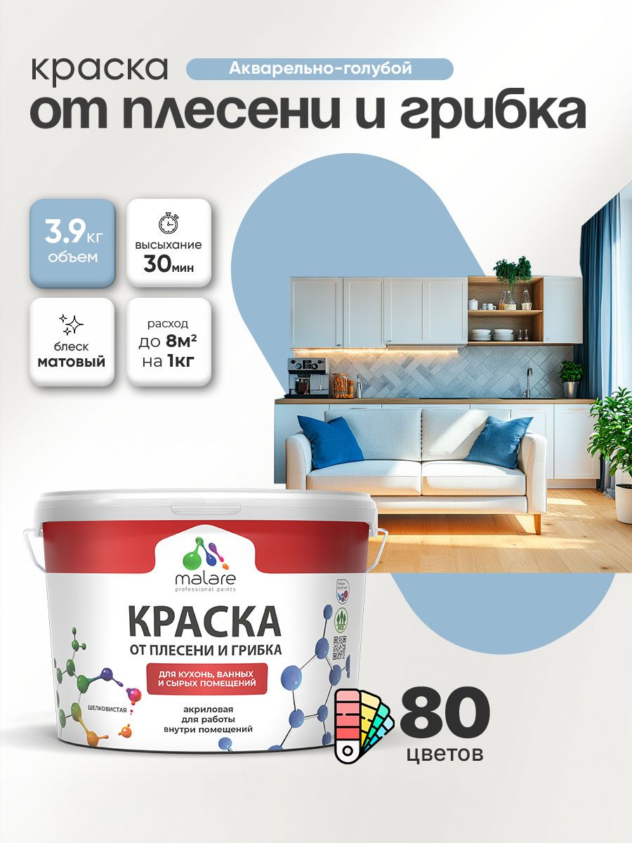 Влагостойкая краска от плесени и грибка Malare Professional акриловая для кухни, ванной комнаты, для сырых помещений, быстросохнущая без запаха, акварельно-голубой, (2.7л - 3.9кг)