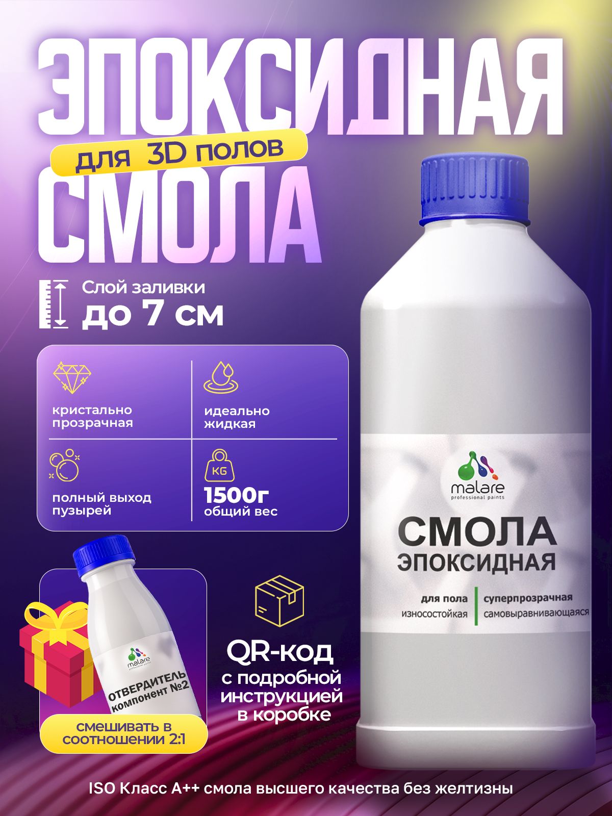 2К Эпоксидная смола Malare для пола, двухкомпонентная кристально-прозрачная, сам