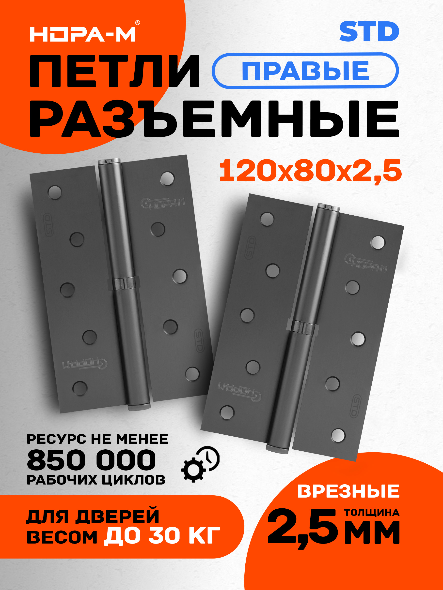 Петлидверные2шт.НОРА-МECO750-5",врезная,разъемная,120х80х2,5,Графит-Правая