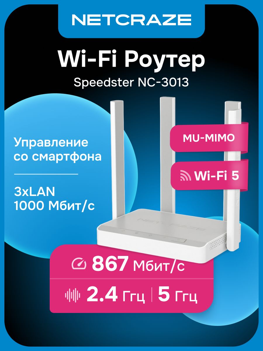 WiFiроутерNetcraze(Keenetic)Speedster(NC-3013)сдвухдиапазоннымWi-Fi5AC1200,Mesh,4-портовымSmart-коммутаторомифункциейретрансляции
