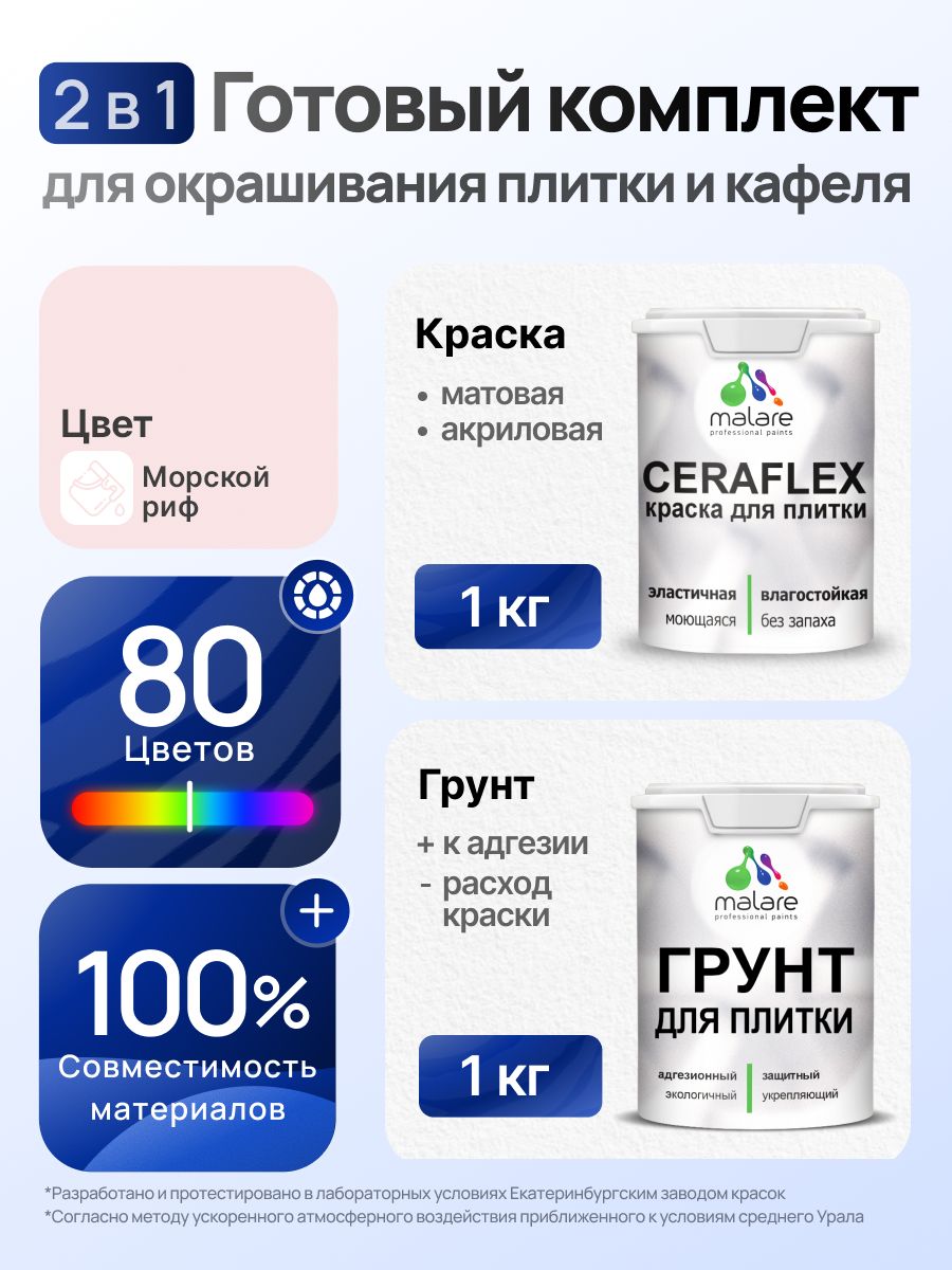 Комплект Malare LIPPO для окрашивания плитки и кафеля (1кг грунт + 1 кг краска), акриловый, без запаха, быстросохнущий, матовый, цвет морской риф