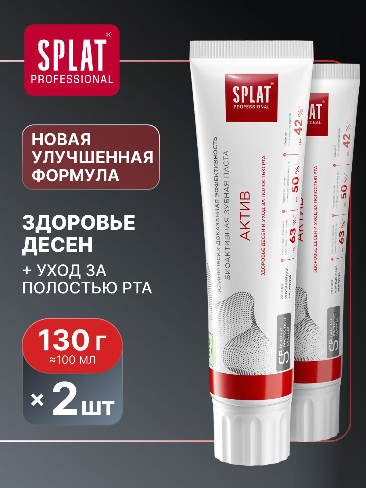 Зубная паста SPLAT Professional "АКТИВ" для здоровья зубов и десен, 130 г (100 мл) х 2 шт.