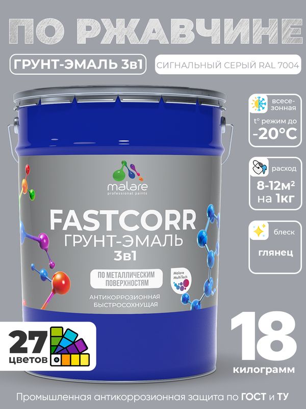 Грунт-эмаль по ржавчине 3 в 1 Malare FastCorr краска для металла, антикоррозионная износостойкая быстросохнущая RAL 7004, сигнальный серый, глянцевая, 18 кг.