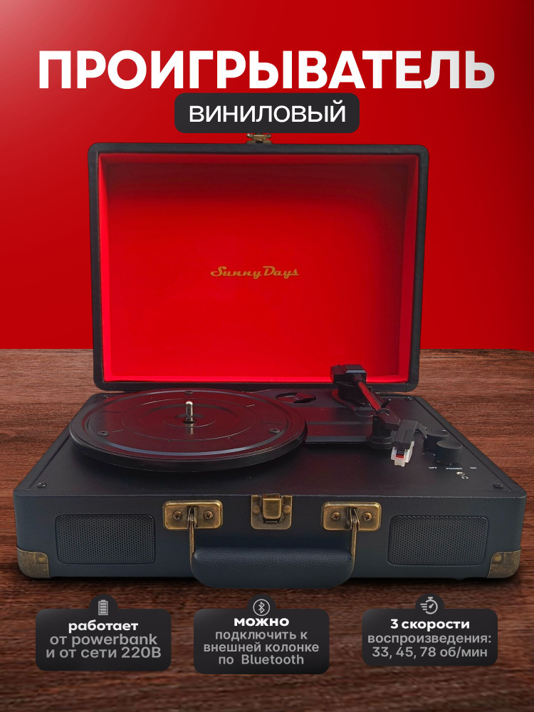 Проигрыватель SunnyDays виниловых дисков, цвет черный, дизайнерский винтаж чемоданчик для пластинок ретро #1