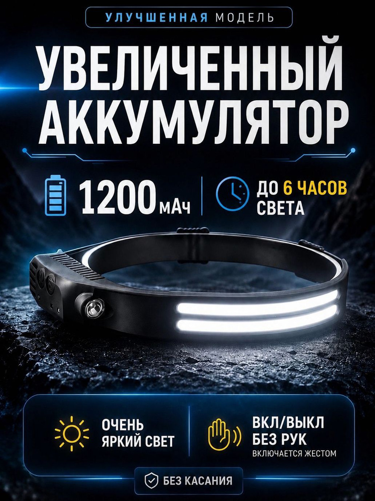 Фонарь налобный аккумуляторный, светодиодный, мощный 18650 #1