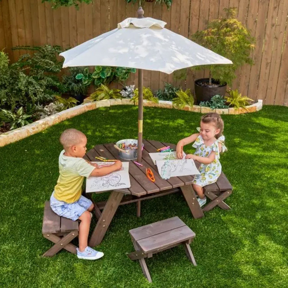 Детская садовая мебель (4 скамьи, стол-пикник, зонт), коричневый  #1