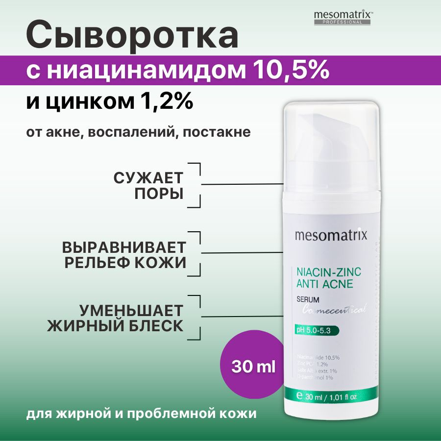 Сыворотка с ниацинамидом 10.5% и цинком 1.2% для лица для жирной проблемной  кожи от акне, прыщей, угрей, черных точек, постакне, для сужения пор  NIACIN-ZINC anti acne Mesomatrix АЮНА 30 мл - купить