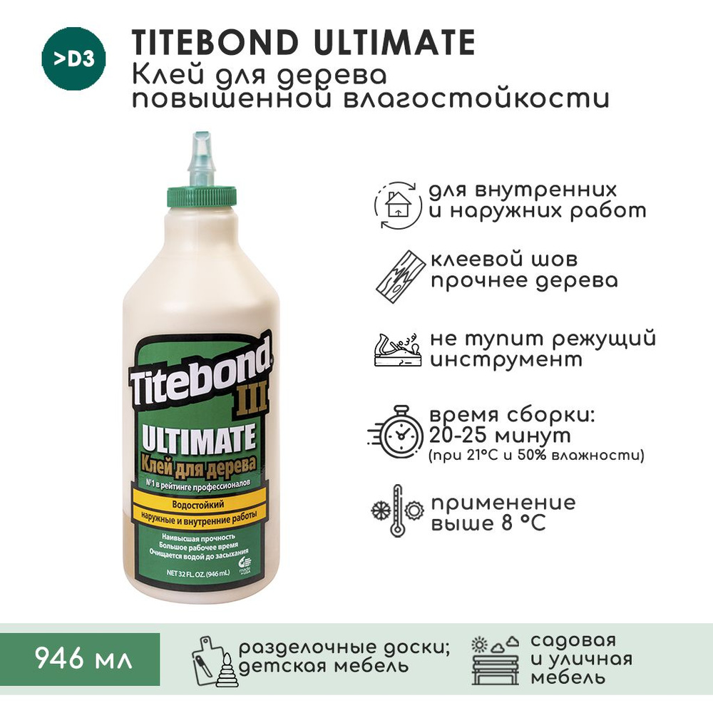 Клей ПВА TITEBOND TCV_Titebond_UltimateIIIWoodGlue/D4/ 946 мл, 1 шт. -  купить по доступным ценам в интернет-магазине OZON (217658731)