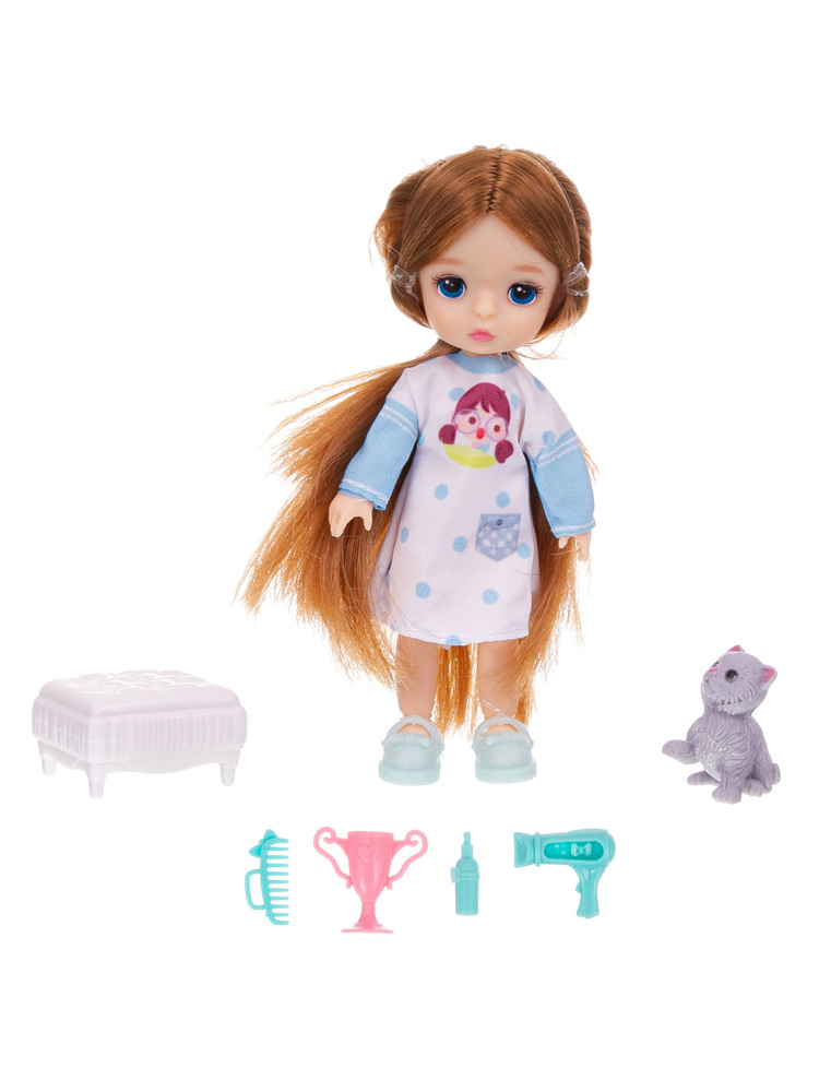 Кукла шарнирная с аксессуарами 14 см, малышка с котом, подарочный кукольный набор для девочки  #1