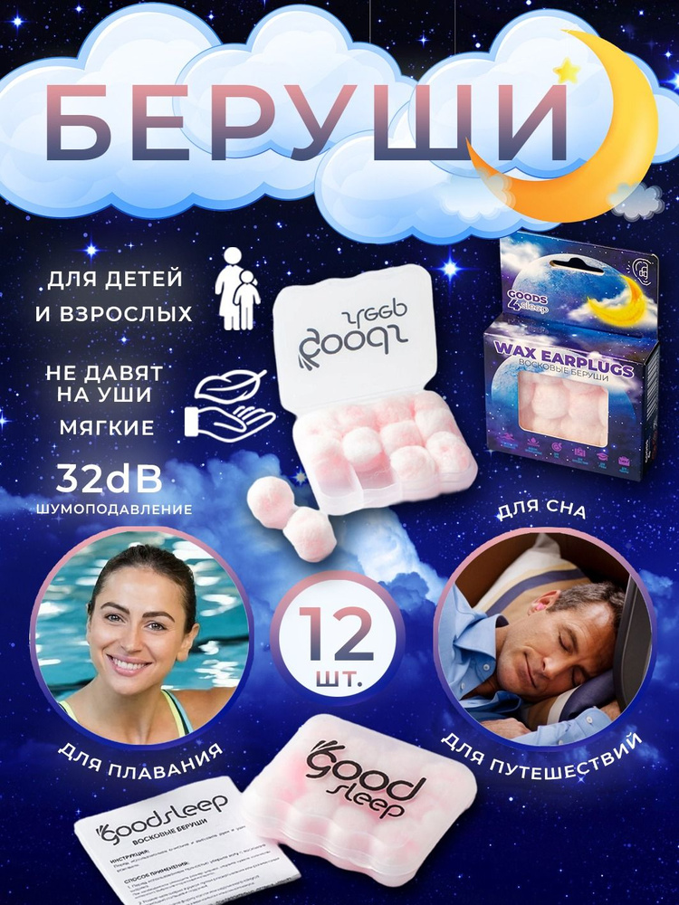 Беруши для сна восковые с кейсом 12 шт, Мягкие вкладыши противошумные ...