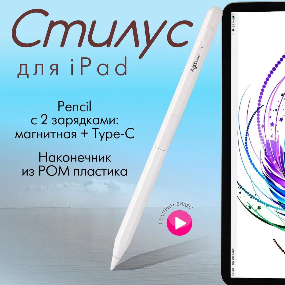 Стилус AGNI X-Pen для iPad Pro, Air, mini от 2018 года, Pencil для планшета  Apple с магнитной зарядкой и Type-C, с изменением толщины линии от угла  наклона и защитой от прикосновений -