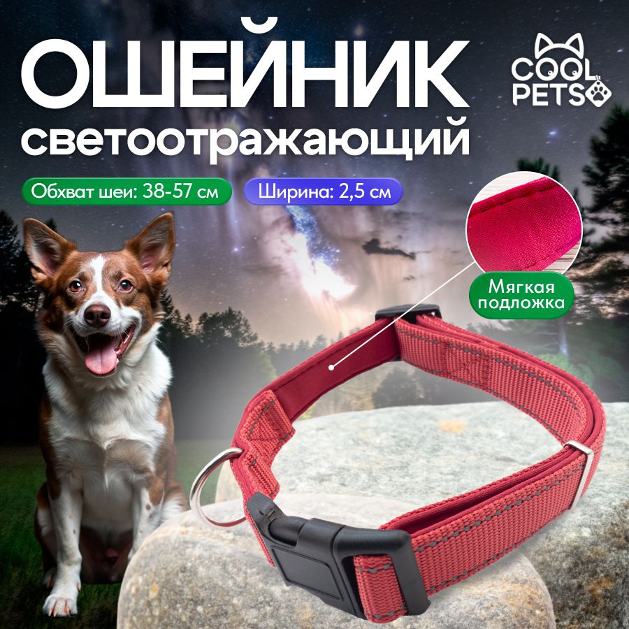 Красный Ошейник для собак нейлоновый светоотражающий для средних и ...