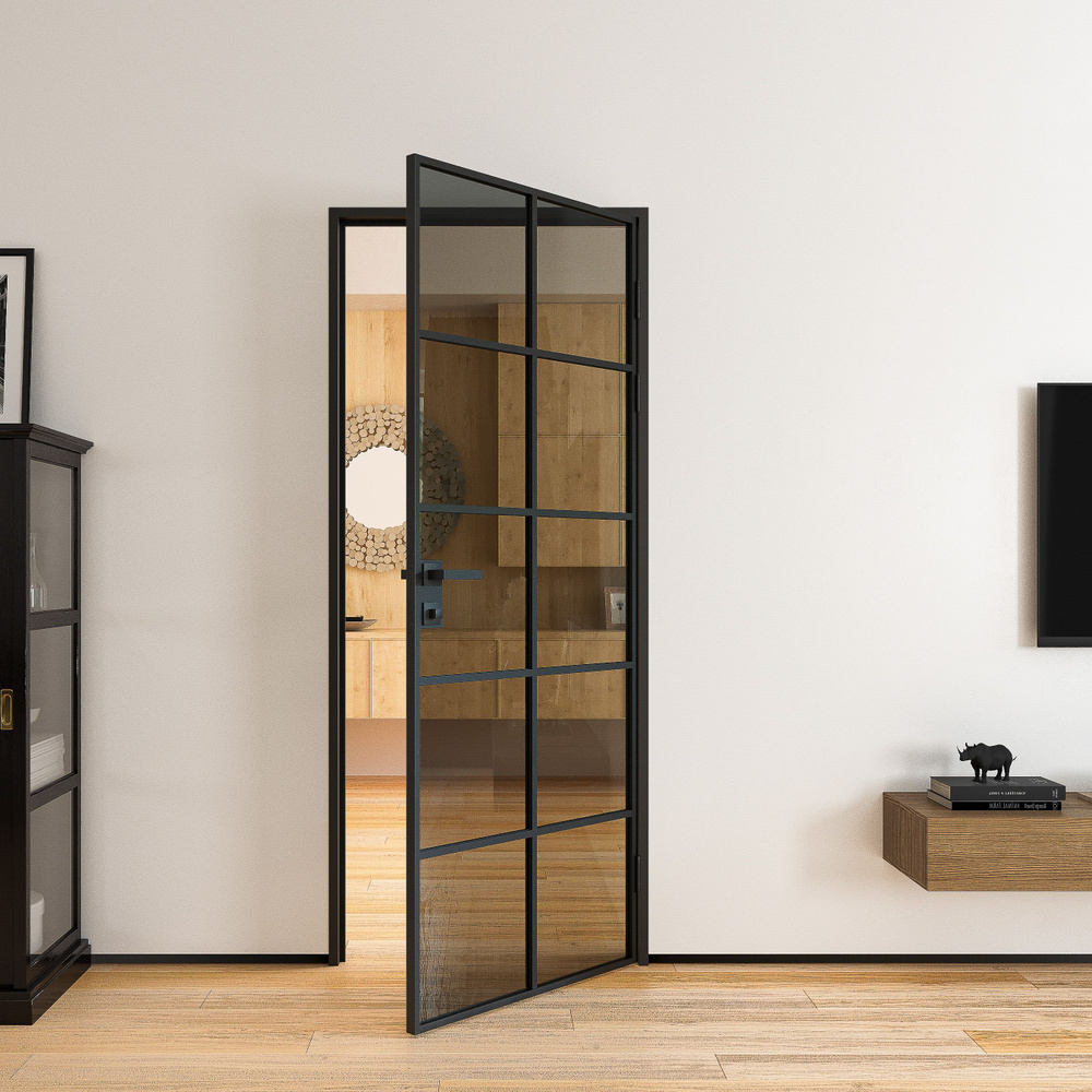 Дверь стеклянная Gratec Loft Grid R, 80х200 см, закаленное стекло Float Gray, профиль Black Moire, правое #1