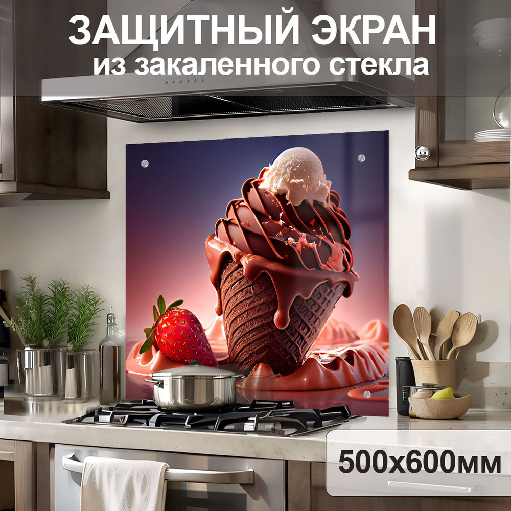 Защитный экран от брызг на плиту 600х500х4мм. Стеновая панель для кухни из закаленного стекла. Фартук #1