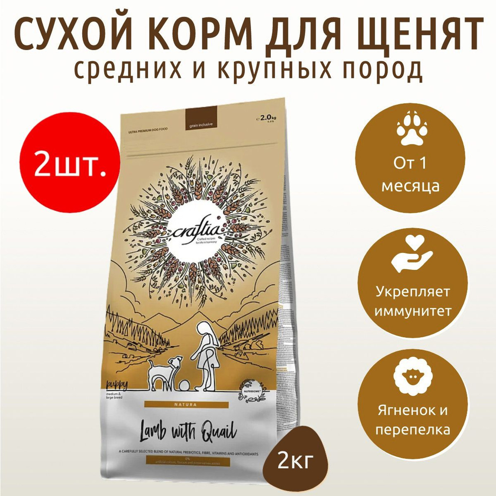 Сухой корм CRAFTIA NATURA 4 кг (2 упаковки по 2 кг) для щенков средних и крупных пород из ягненка с перепелкой #1